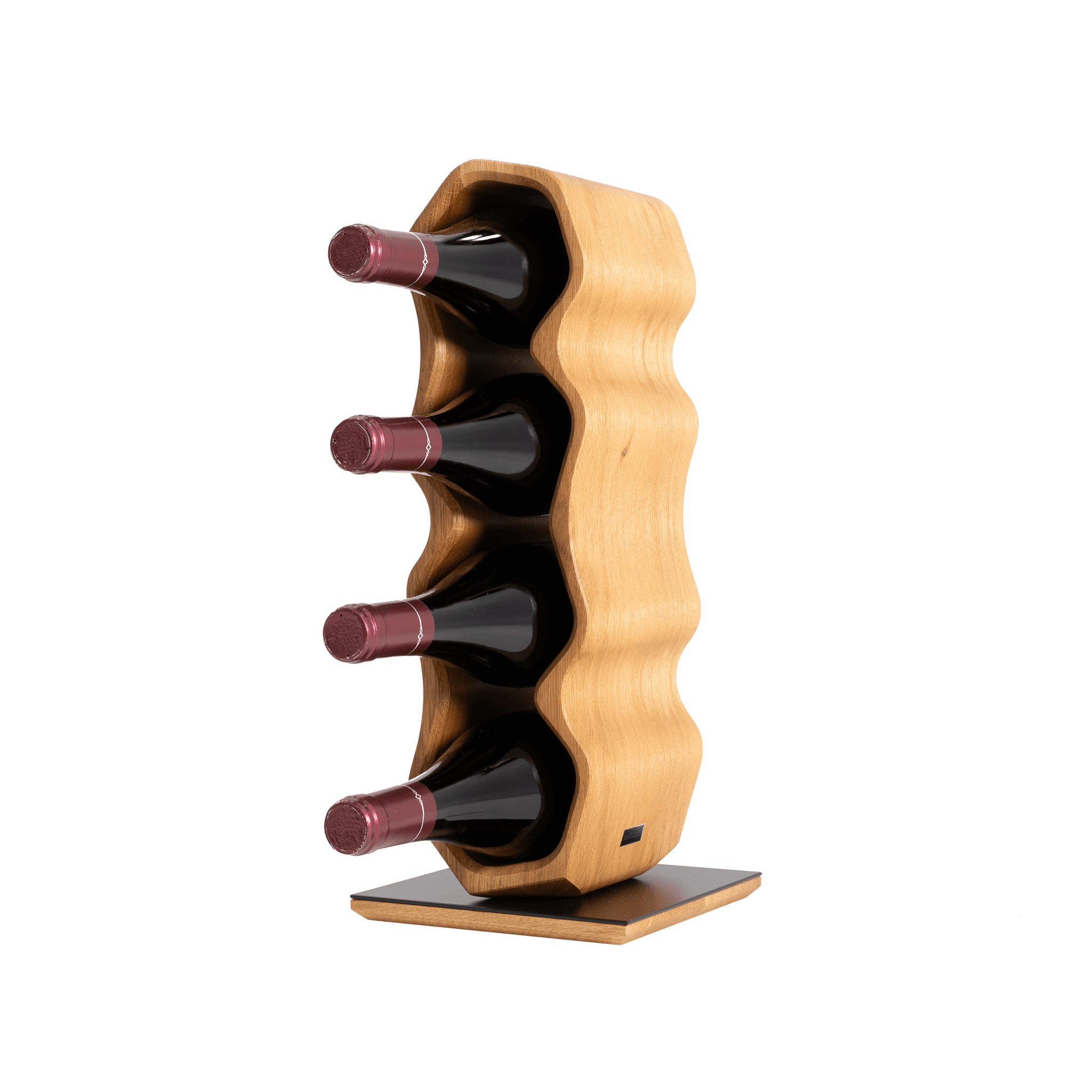 Max Levi Warp Select Oak wood wine rack, wine stand rack, a wine rack, black stand, corner image with bottles